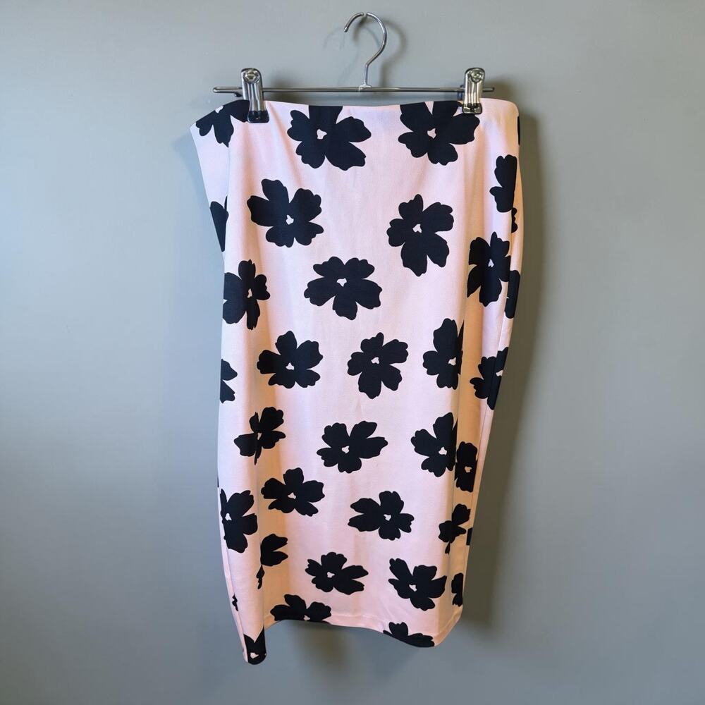 Grace Elements Womens M Pink/Coral Black Floral Knit Pencil Skirt Midi Length